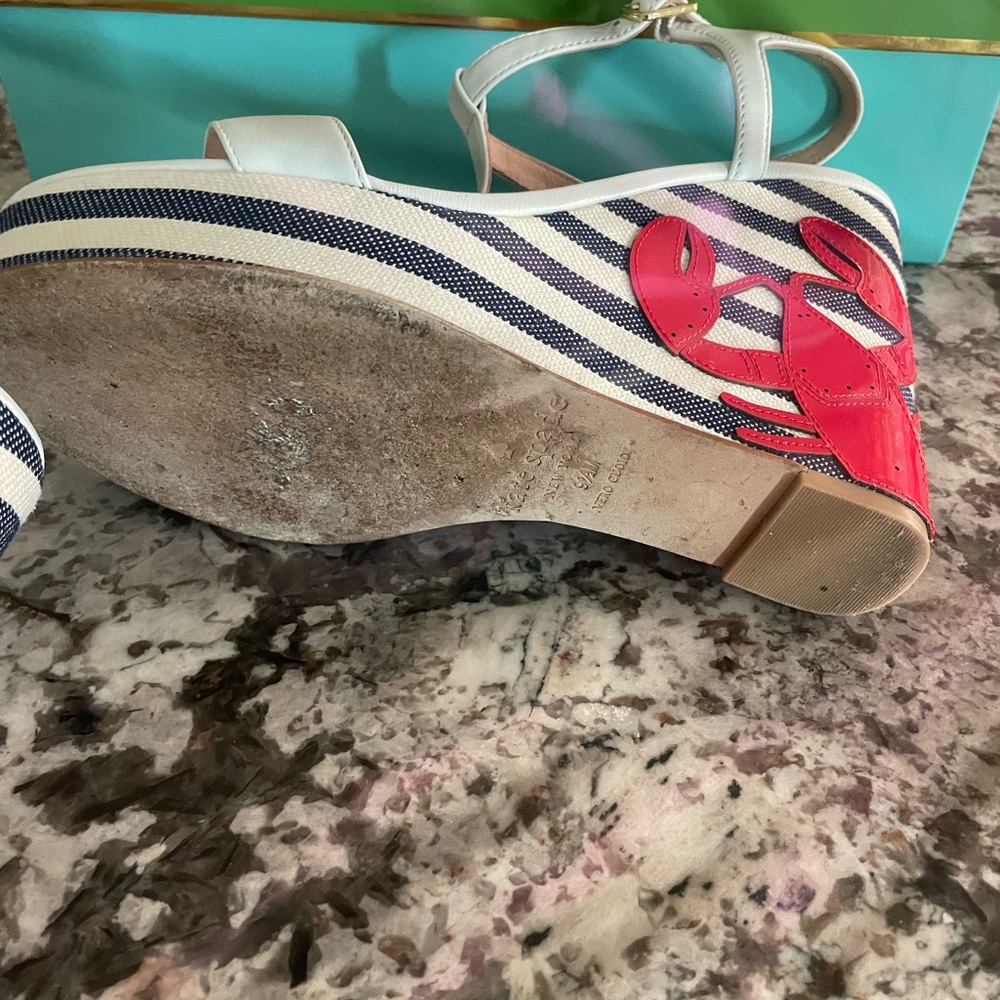Kate Spade wedge wedges lobster 9.5 Striped Wedge Sandals  Lobster LEATHER - Picture 9 of 13